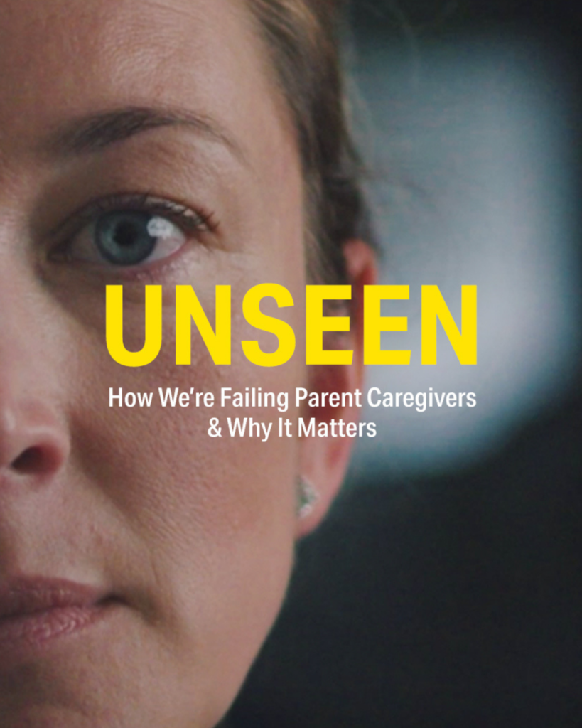 Poster image of Unseen Caregiver Documentary. Image is a picture of half of Jess Ronne's face, with yellow letters: UNSSEN and white font underneath: How we're failing parent caregivers and why it matters